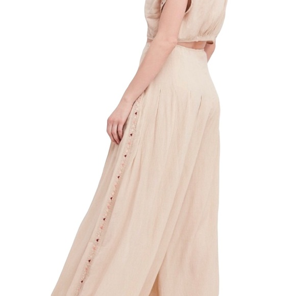 Free People Women’s Santoshi Pant Size 8 Crepe Neutral w/ Embroidered Side Trim - Picture 2 of 8